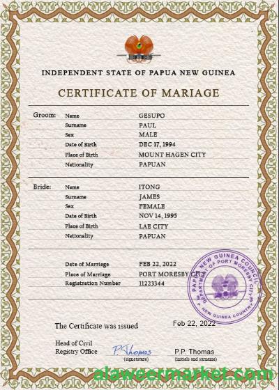 Papua New Guinea marriage certificate PSD template